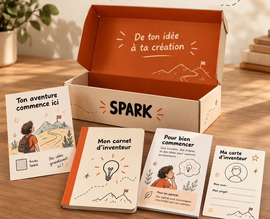 Concept de coffret : une boîte kraft ouverte à l'intérieur orange, avec devant elle une carte de bienvenue, un carnet d'inventeur, un guide de démarrage et une carte d'inventeur.