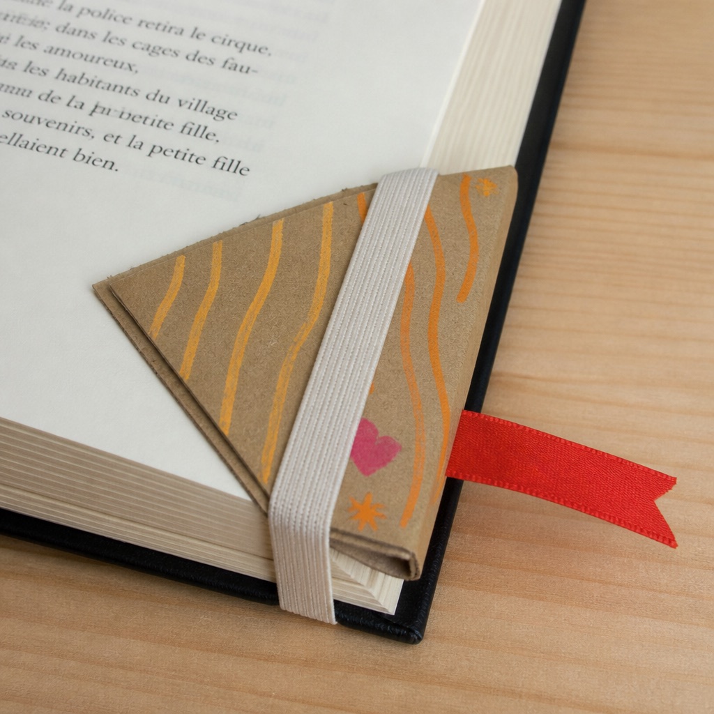 Image générée : un coin de carton décoré de vagues orange et d'un cœur, tenu par une bande élastique sur le coin d'un livre ouvert, avec un ruban rouge qui dépasse.